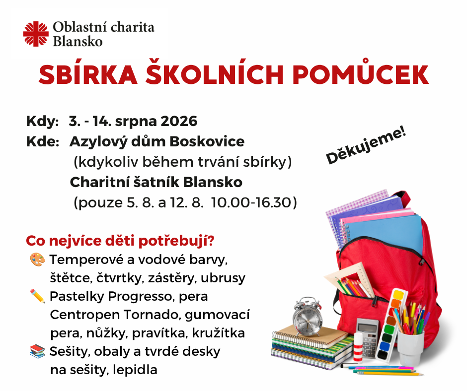 Sbírka školních pomůcek 2026 (Příspěvek na Facebooku)